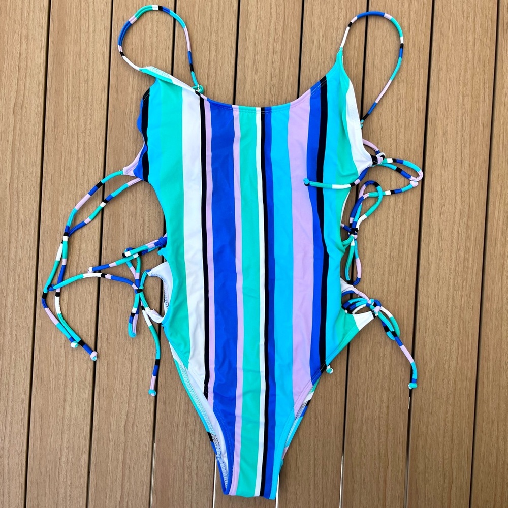 No Boundaries Blue Striped One Piece Swimsuit with Turquoise Ties